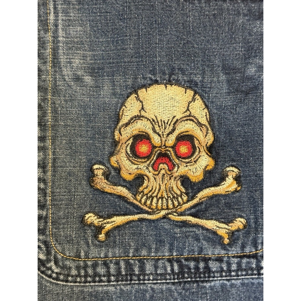Vintage JNCO Jorts Mens 34 Dark Denim Skull Embroidered Y2K Shorts - Picture 9 of 16
